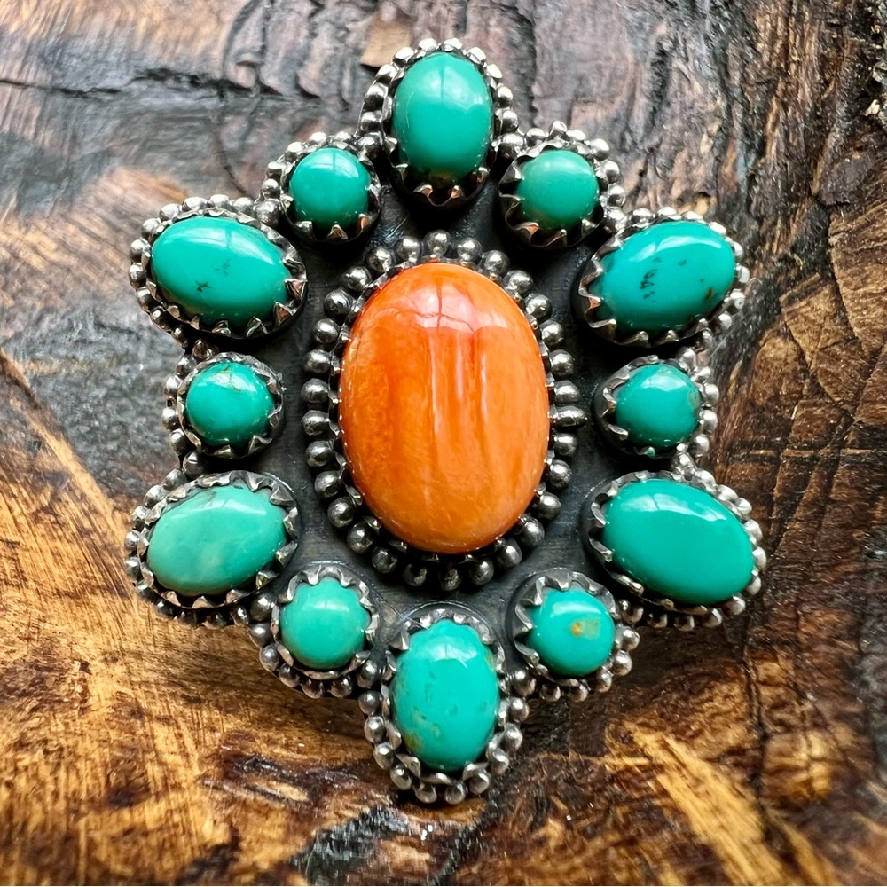 925 Sterling Kingman Turquoise Spiny Oyster Cluster Ring Size 7